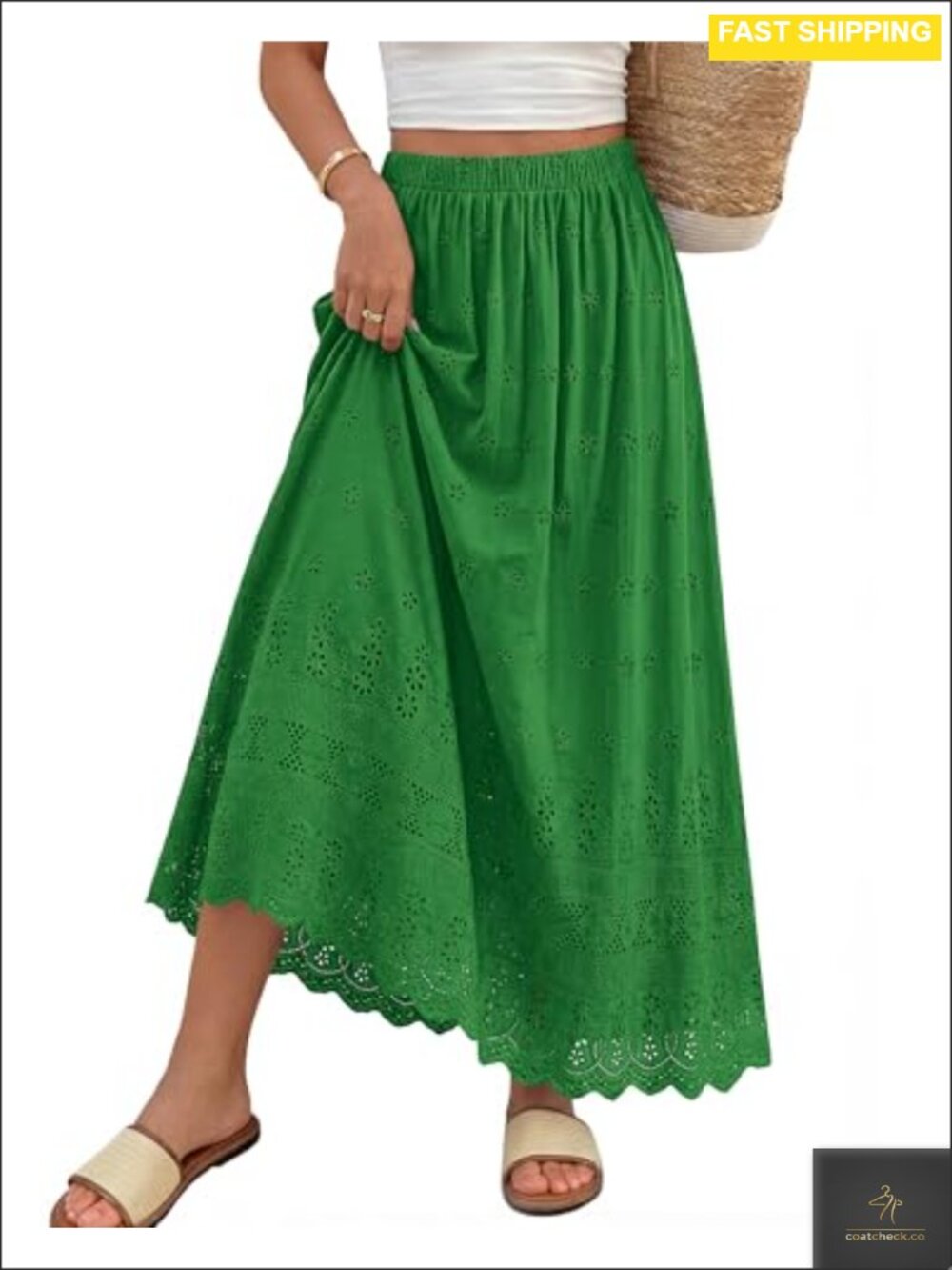 Women Boho Eyelet A-Line 100% Cotton Flowy Maxi Skirt High Waist Summer